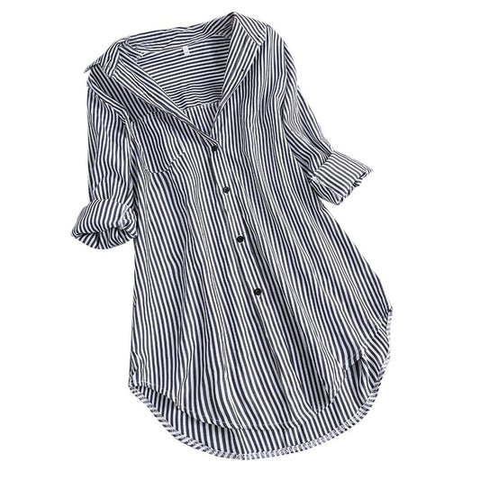 benflower 5xl Plus Size Spring Shirts for Women Fashion Stripe Button Blouses Casual Turn-down Collar Long Sleeve Tunic Top